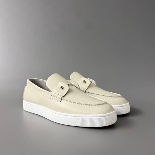 Men's Cream Leather Loafer Sneakers with Metal Hardware - Classic Smart Casual Slip-On Shoes