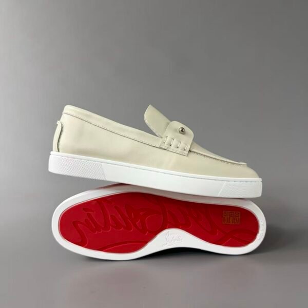Men's Cream Leather Loafer Sneakers with Metal Hardware - Classic Smart Casual Slip-On Shoes