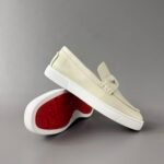 Men's Cream Leather Loafer Sneakers with Metal Hardware - Classic Smart Casual Slip-On Shoes