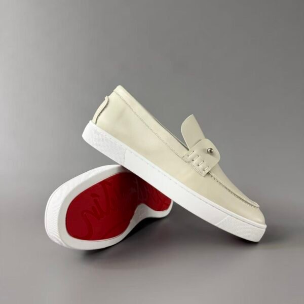 Men's Cream Leather Loafer Sneakers with Metal Hardware - Classic Smart Casual Slip-On Shoes