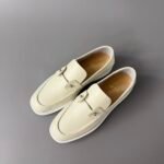 Men's Cream Leather Loafer Sneakers with Metal Hardware - Classic Smart Casual Slip-On Shoes