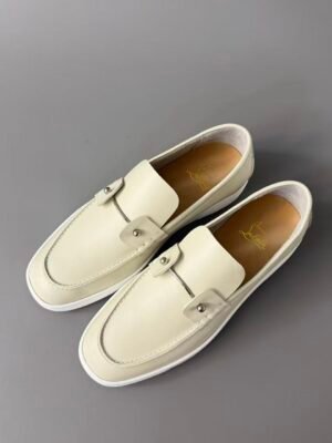 Men's Cream Leather Loafer Sneakers with Metal Hardware - Classic Smart Casual Slip-On Shoes