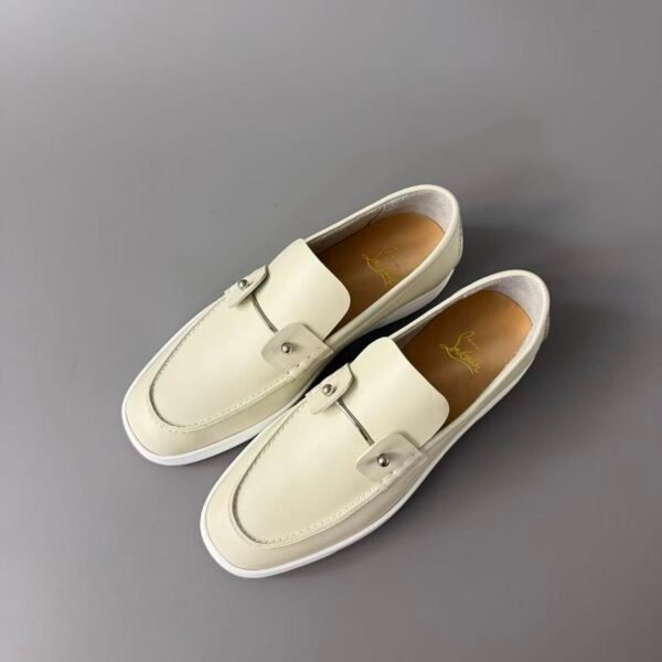 Men's Cream Leather Loafer Sneakers with Metal Hardware - Classic Smart Casual Slip-On Shoes