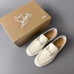Men's Cream Leather Loafer Sneakers with Metal Hardware - Classic Smart Casual Slip-On Shoes