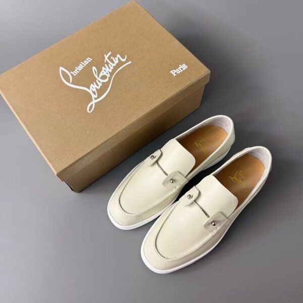 Men's Cream Leather Loafer Sneakers with Metal Hardware - Classic Smart Casual Slip-On Shoes
