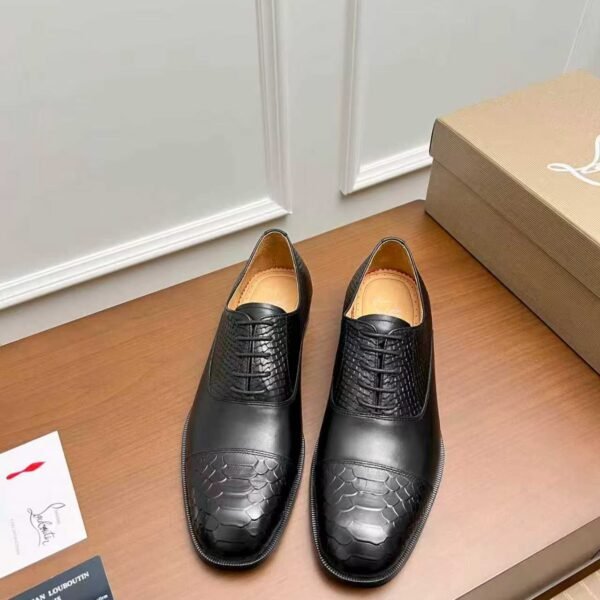 Men's Red Bottom Leather Loafers - Black Embossed Mixed Media Dress Shoes with Rivet Detail