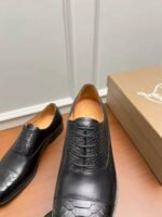 Men's Red Bottom Leather Loafers - Black Embossed Mixed Media Dress Shoes with Rivet Detail