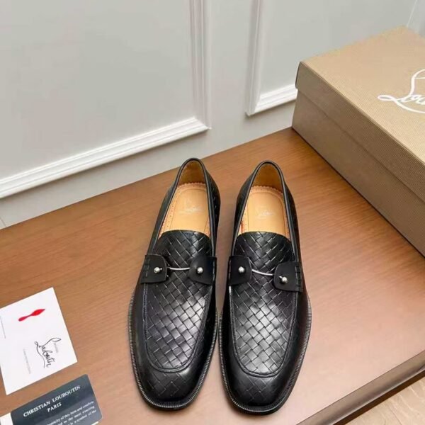 Men's Black Woven Leather Dress Loafers – Patent Patchwork Red Sole Slip-On Shoes