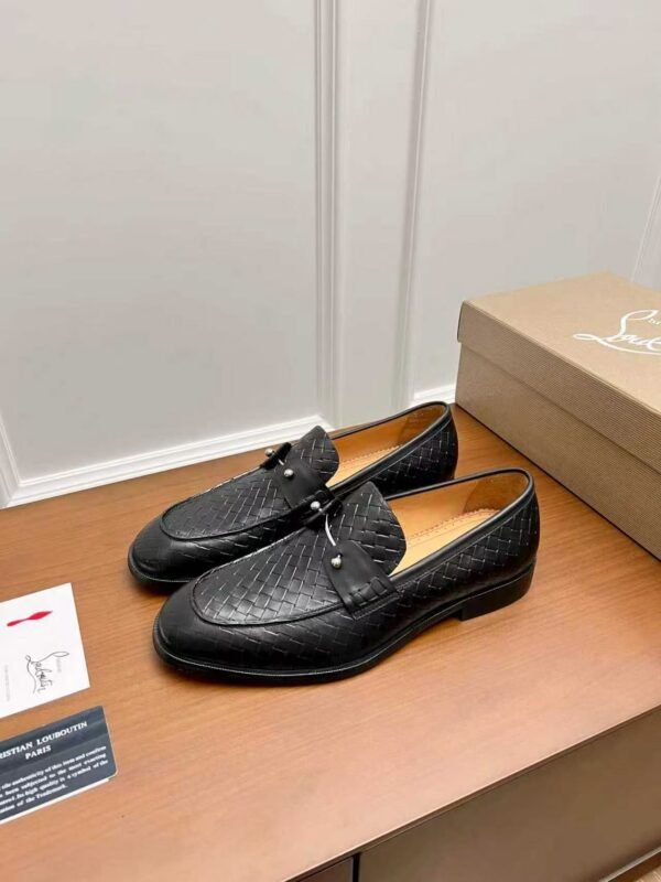 Men's Black Woven Leather Dress Loafers – Patent Patchwork Red Sole Slip-On Shoes