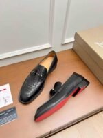 Men's Black Woven Leather Dress Loafers – Patent Patchwork Red Sole Slip-On Shoes