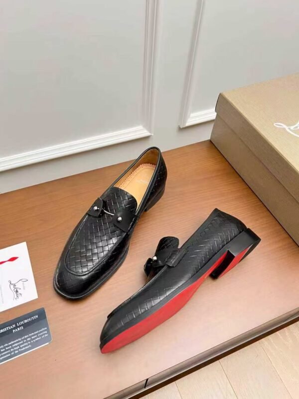 Men's Black Woven Leather Dress Loafers – Patent Patchwork Red Sole Slip-On Shoes