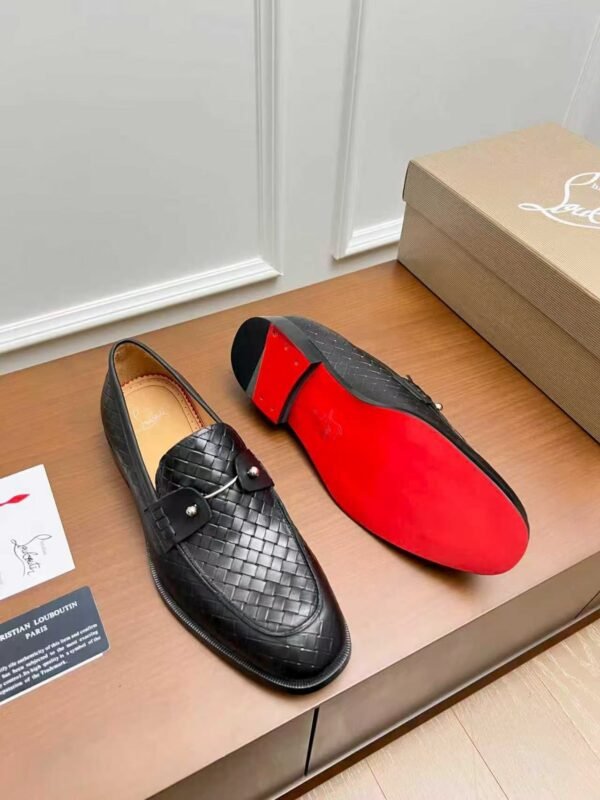 Men's Black Woven Leather Dress Loafers – Patent Patchwork Red Sole Slip-On Shoes