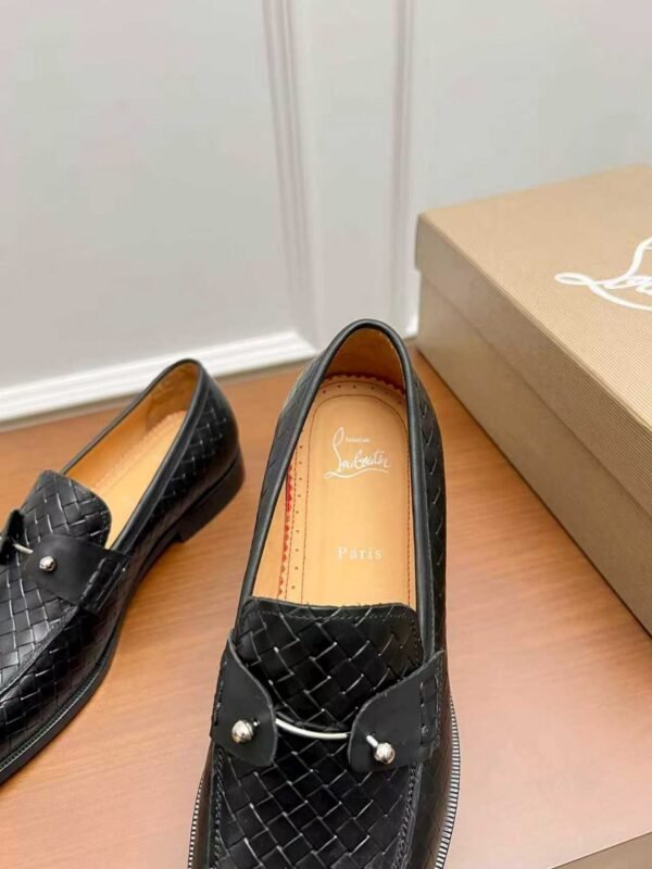 Men's Black Woven Leather Dress Loafers – Patent Patchwork Red Sole Slip-On Shoes