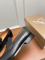 Men's Black Woven Leather Dress Loafers – Patent Patchwork Red Sole Slip-On Shoes