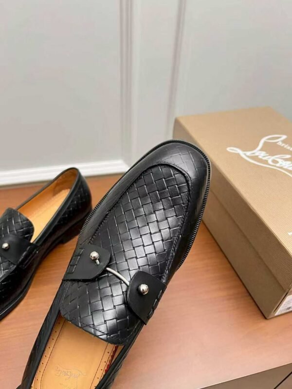Men's Black Woven Leather Dress Loafers – Patent Patchwork Red Sole Slip-On Shoes
