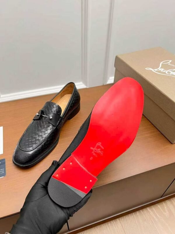 Men's Black Woven Leather Dress Loafers – Patent Patchwork Red Sole Slip-On Shoes