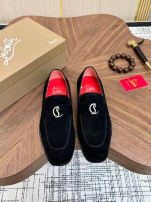 Men's Black Velvet Loafers with Signature Red Bottom & Metal Buckle - Premium Leather Dress Shoes