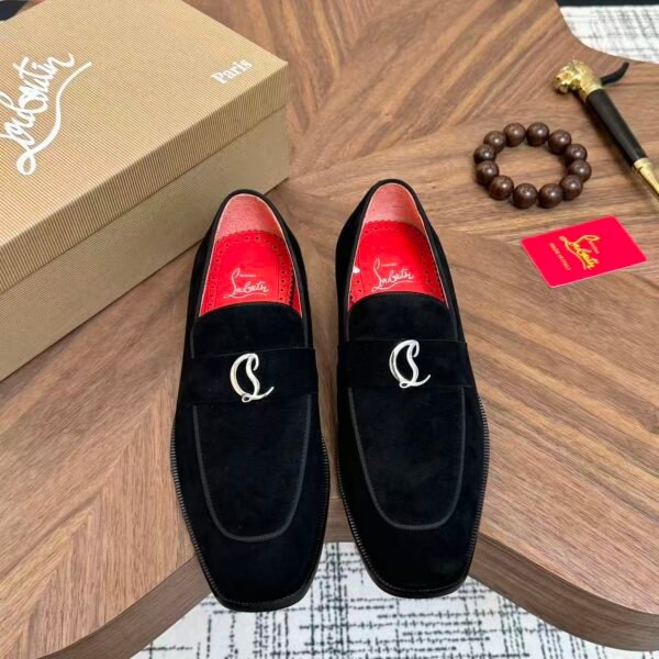 Men's Black Velvet Loafers with Signature Red Bottom & Metal Buckle - Premium Leather Dress Shoes