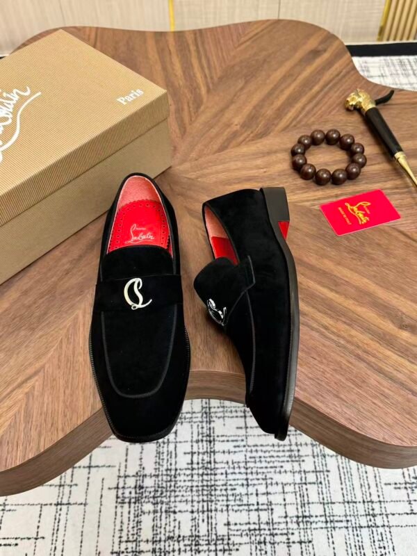 Men's Black Velvet Loafers with Signature Red Bottom & Metal Buckle - Premium Leather Dress Shoes