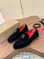 Men's Black Velvet Loafers with Signature Red Bottom & Metal Buckle - Premium Leather Dress Shoes