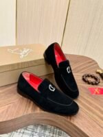 Men's Black Velvet Loafers with Signature Red Bottom & Metal Buckle - Premium Leather Dress Shoes