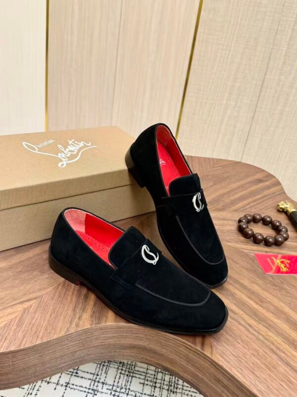 Men's Black Velvet Loafers with Signature Red Bottom & Metal Buckle - Premium Leather Dress Shoes