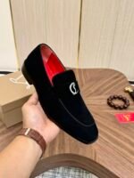 Men's Black Velvet Loafers with Signature Red Bottom & Metal Buckle - Premium Leather Dress Shoes