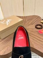 Men's Black Velvet Loafers with Signature Red Bottom & Metal Buckle - Premium Leather Dress Shoes