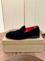 Men's Black Velvet Loafers with Signature Red Bottom & Metal Buckle - Premium Leather Dress Shoes