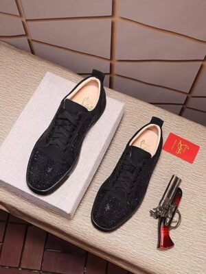 Unisex Sparkly Black Crystal Low Top Sneakers with Red Bottom
