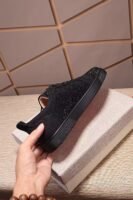 Unisex Sparkly Black Crystal Low Top Sneakers with Red Bottom