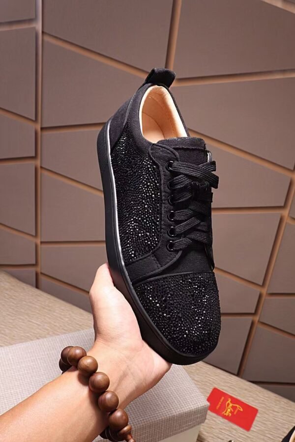 Unisex Sparkly Black Crystal Low Top Sneakers with Red Bottom