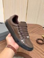 Men's Leather Low-Top Skate Sneakers - Vintage Olive Brown Chunky Streetwear Shoes