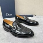Men's Embossed Patent Leather Loafers with Buckle - Glossy Black Dress Shoes