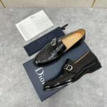 Men's Embossed Patent Leather Loafers with Buckle - Glossy Black Dress Shoes