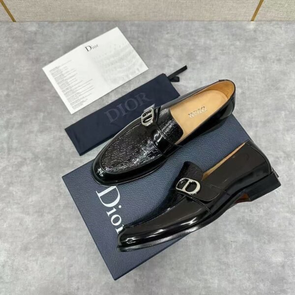 Men's Embossed Patent Leather Loafers with Buckle - Glossy Black Dress Shoes