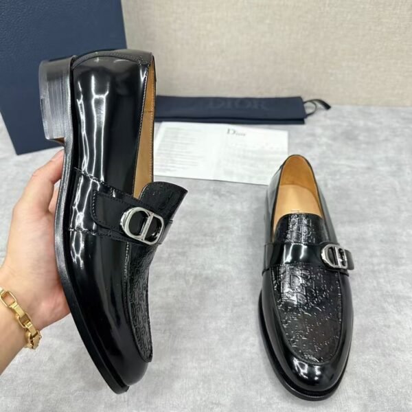 Men's Embossed Patent Leather Loafers with Buckle - Glossy Black Dress Shoes
