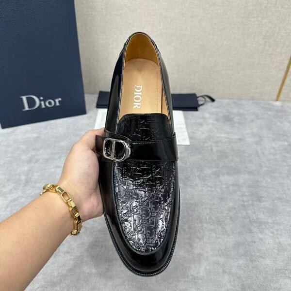 Men's Embossed Patent Leather Loafers with Buckle - Glossy Black Dress Shoes