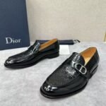 Men's Embossed Patent Leather Loafers with Buckle - Glossy Black Dress Shoes