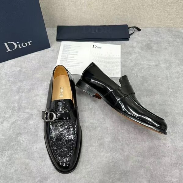Men's Embossed Patent Leather Loafers with Buckle - Glossy Black Dress Shoes