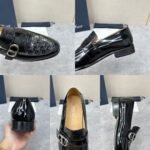Men's Embossed Patent Leather Loafers with Buckle - Glossy Black Dress Shoes