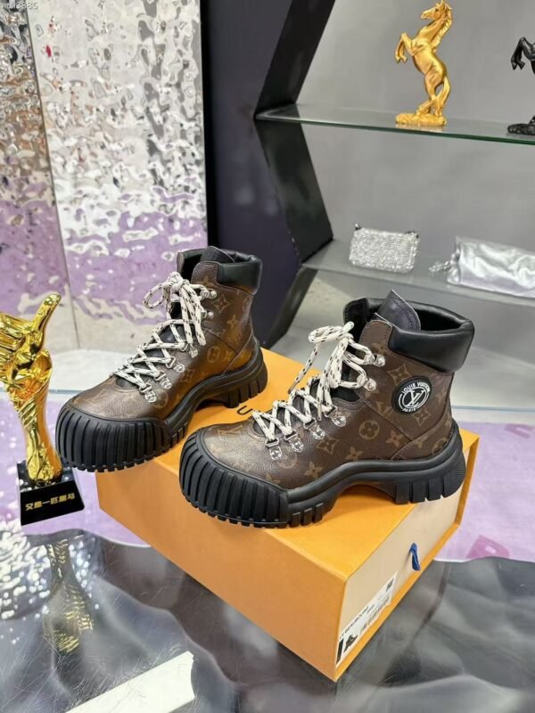 Retro Monogram Platform Combat Boots - Chunky Lug Sole Lace-Up Short Boots
