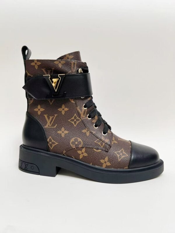 Vintage Monogram Print Leather Ankle Boots – Retro Military Style Combat Boots with Adjustable Gold Accent Belt