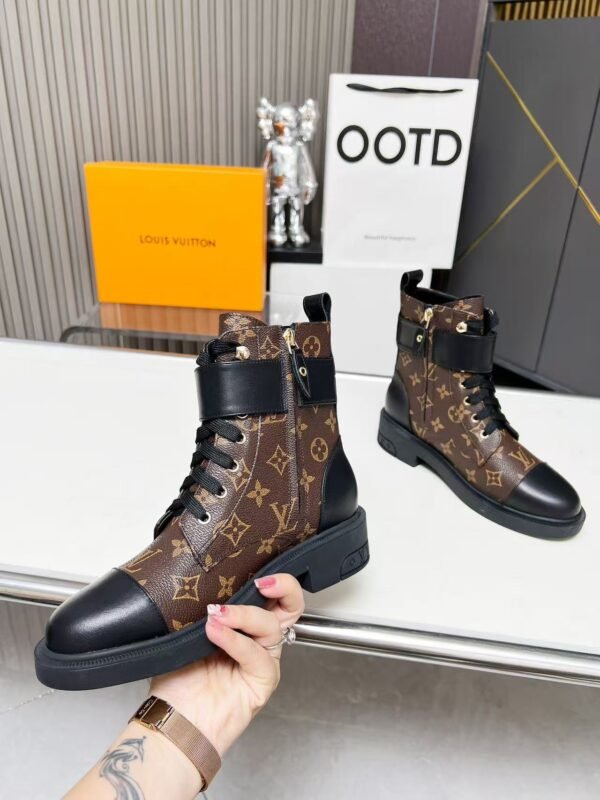 Vintage Monogram Print Leather Ankle Boots – Retro Military Style Combat Boots with Adjustable Gold Accent Belt