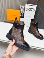 Vintage Monogram Print Leather Ankle Boots – Retro Military Style Combat Boots with Adjustable Gold Accent Belt