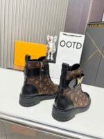 Vintage Monogram Print Leather Ankle Boots – Retro Military Style Combat Boots with Adjustable Gold Accent Belt