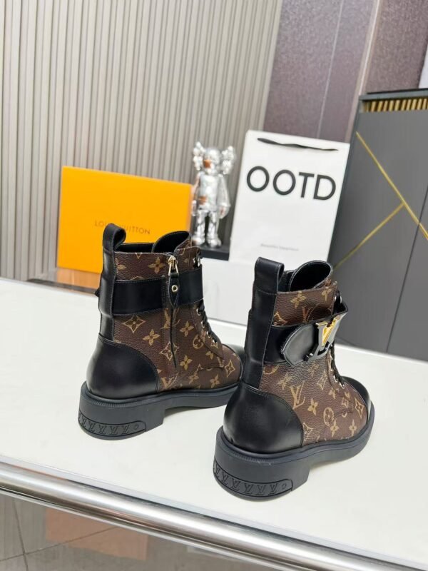 Vintage Monogram Print Leather Ankle Boots – Retro Military Style Combat Boots with Adjustable Gold Accent Belt
