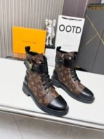 Vintage Monogram Print Leather Ankle Boots – Retro Military Style Combat Boots with Adjustable Gold Accent Belt