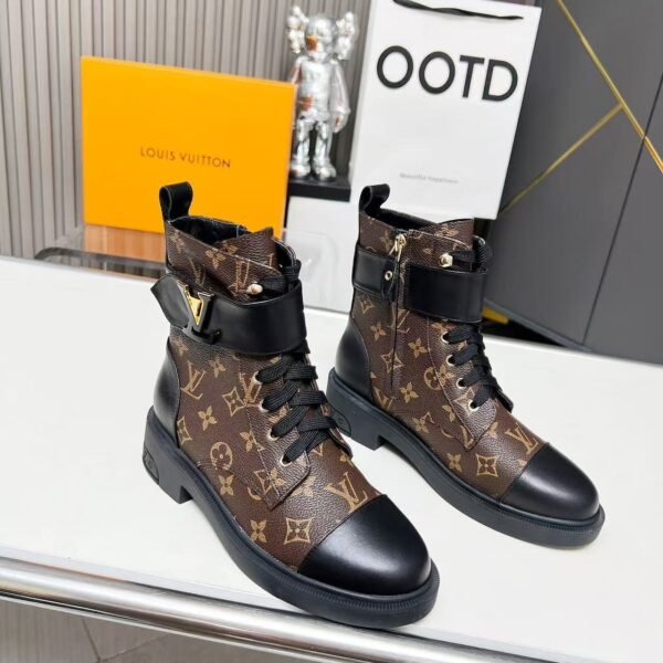Vintage Monogram Print Leather Ankle Boots – Retro Military Style Combat Boots with Adjustable Gold Accent Belt