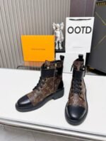 Vintage Monogram Print Leather Ankle Boots – Retro Military Style Combat Boots with Adjustable Gold Accent Belt